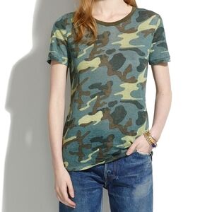 Madewell Green Camo Print 100% Linen Graphic T-Shirt